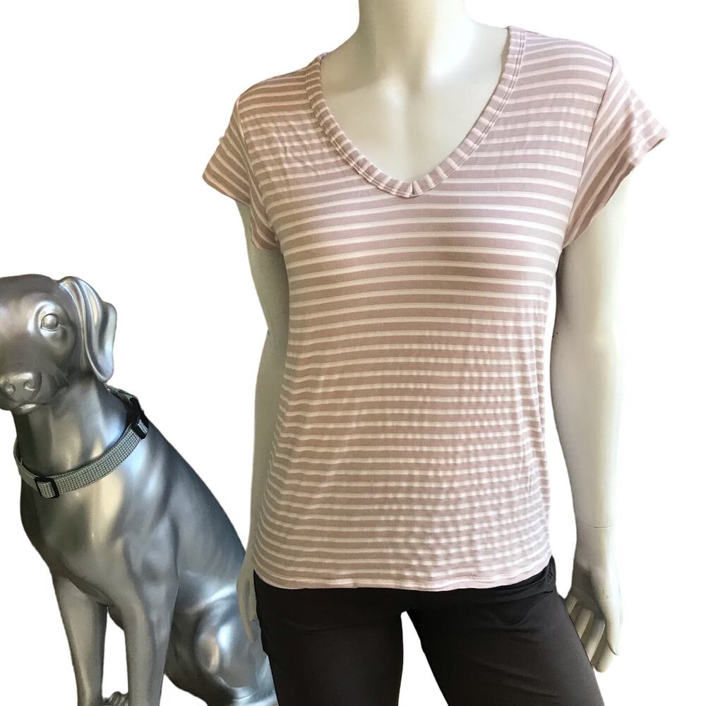 Columbia Beige Striped Rayon V-Neck Short Sleeve T-Shirt Women's Size XS